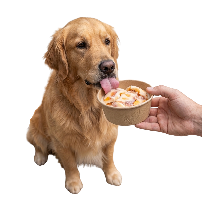 A golden retriever licking an icy mybingo treat from a bowl